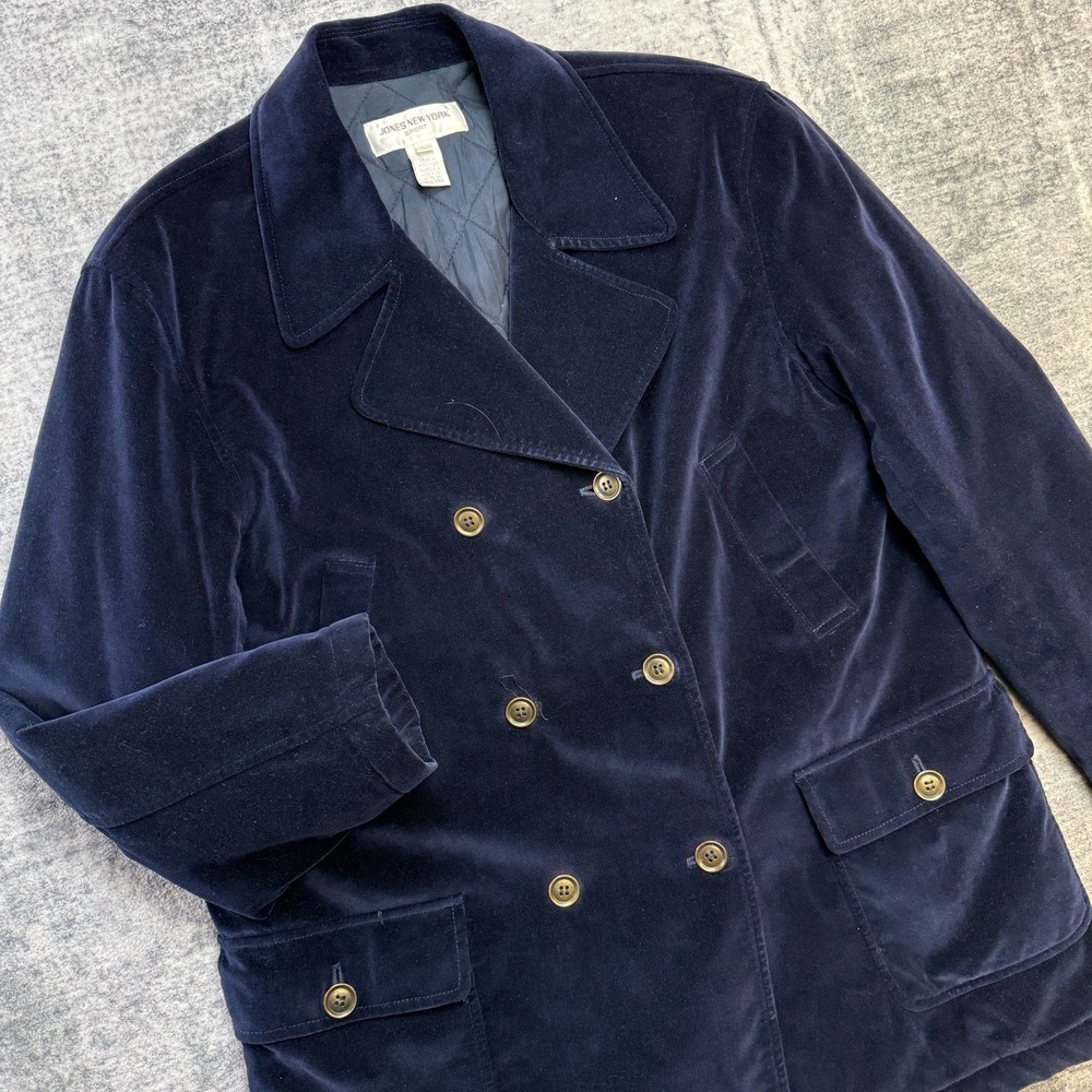 VTG Jones New York Peacoat Womens Large Navy Velvet Double Breasted Nautical